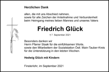 Traueranzeige von Friedrich Glück von Fränkische Nachrichten