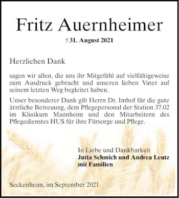 Traueranzeige von Fritz Auernheimer von Mannheimer Morgen