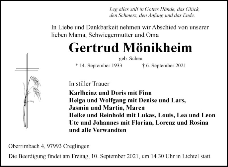  Traueranzeige für Gertrud Mönikheim vom 09.09.2021 aus Fränkische Nachrichten