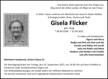 Traueranzeige von Gisela Flicker von Fränkische Nachrichten