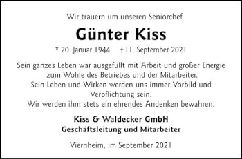 Traueranzeige von Günter Kiss von Südhessen Morgen