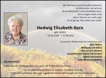 Traueranzeige von Hedwig Elisabeth Kern von Fränkische Nachrichten