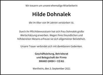 Traueranzeige von Hilde Dohnalek von Fränkische Nachrichten