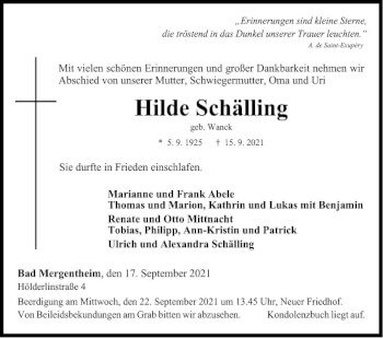 Traueranzeige von Hilde Schälling von Fränkische Nachrichten
