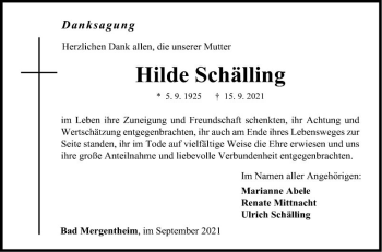 Traueranzeige von Hilde Schälling von Fränkische Nachrichten
