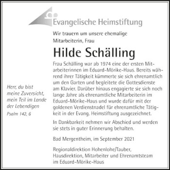 Traueranzeige von Hilde Schälling von Fränkische Nachrichten