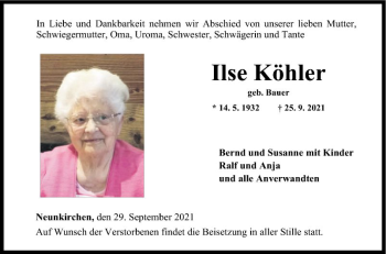 Traueranzeige von Ilse Köhler von Fränkische Nachrichten