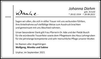 Traueranzeige von Johanna Diehm von Fränkische Nachrichten