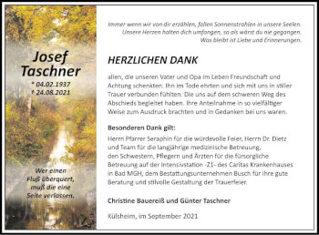 Traueranzeige von Josef Taschner von Fränkische Nachrichten