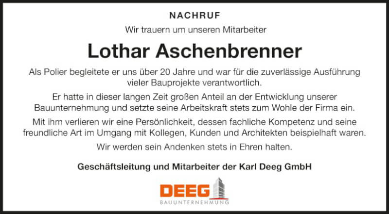  Traueranzeige für Lothar Aschenbrenner vom 25.09.2021 aus Fränkische Nachrichten