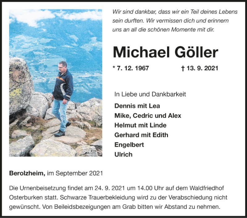  Traueranzeige für Michael Göller vom 21.09.2021 aus Fränkische Nachrichten