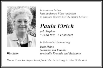 Traueranzeige von Paula Eirich von Fränkische Nachrichten