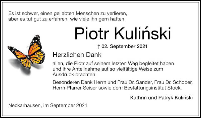  Traueranzeige für Piotr Kulinski vom 18.09.2021 aus Mannheimer Morgen