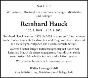Traueranzeige von Reinhard Hauck von Fränkische Nachrichten