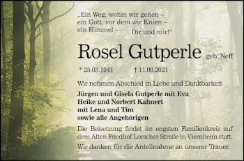 Traueranzeige von Rosel Gutperle von Mannheimer Morgen