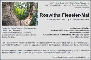 Traueranzeige von Roswitha Fieseler-Mai von Bergsträßer Anzeiger