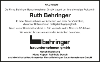 Traueranzeige von Ruth Behringer von Fränkische Nachrichten