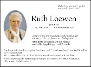 Traueranzeige von Ruth Loewen von Mannheimer Morgen