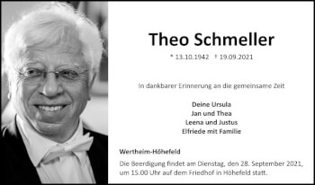 Traueranzeige von Theo Schmeller von Fränkische Nachrichten