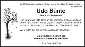 Traueranzeige von Udo Bünte von Fränkische Nachrichten