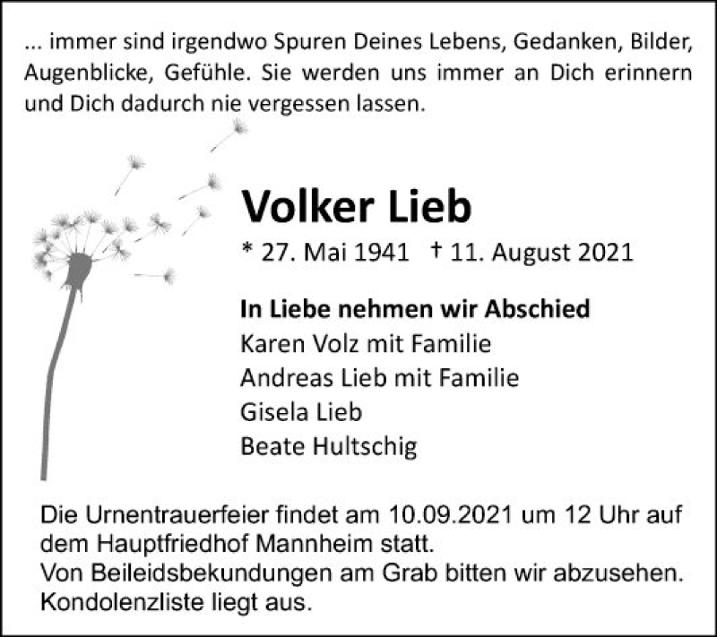  Traueranzeige für Volker Lieb vom 04.09.2021 aus Mannheimer Morgen
