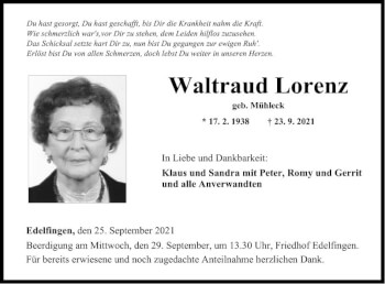 Traueranzeige von Waltraud Lorenz von Fränkische Nachrichten