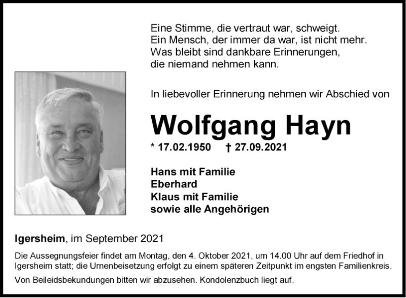  Traueranzeige für Wolfgang Hayn vom 30.09.2021 aus Fränkische Nachrichten