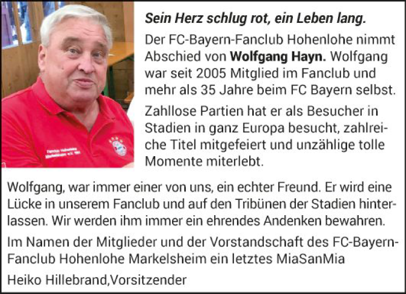  Traueranzeige für Wolfgang Hayn vom 01.10.2021 aus Fränkische Nachrichten