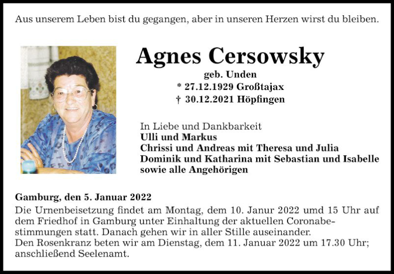  Traueranzeige für Agnes Cersowsky vom 05.01.2022 aus Fränkische Nachrichten