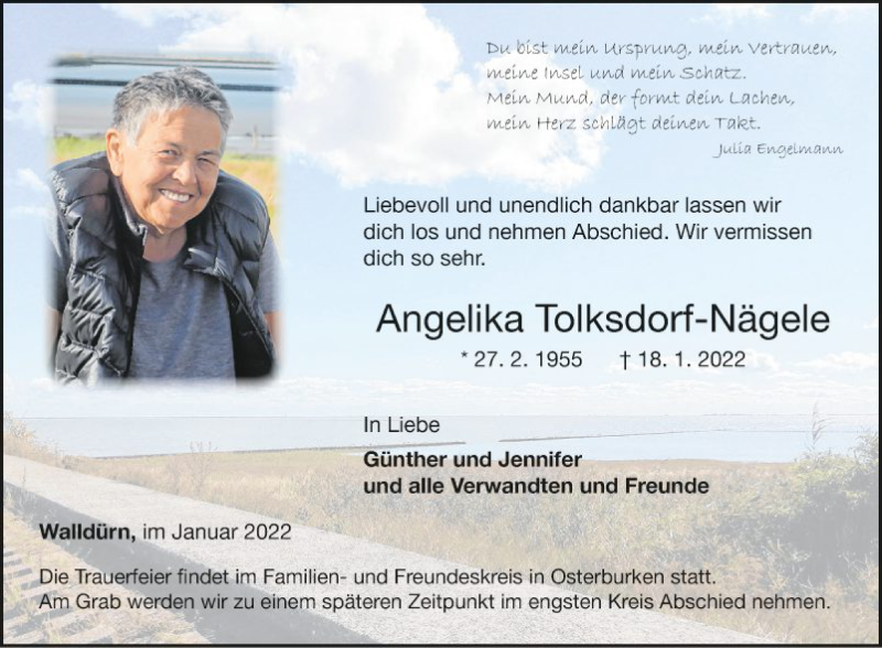  Traueranzeige für Angelika Folksdorf-Nägele vom 26.01.2022 aus Fränkische Nachrichten