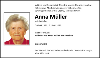 Traueranzeige von Anna Müller von Fränkische Nachrichten