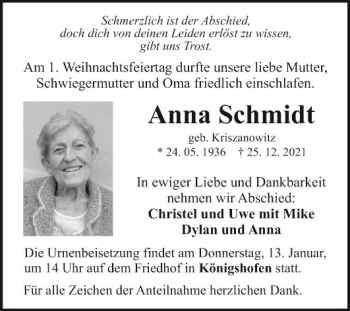 Traueranzeige von Anna Schmidt von Fränkische Nachrichten
