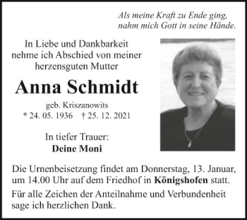 Traueranzeige von Anna Schmidt von Fränkische Nachrichten