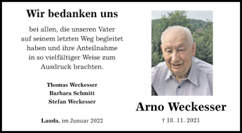 Traueranzeige von Arno Weckesser von Fränkische Nachrichten