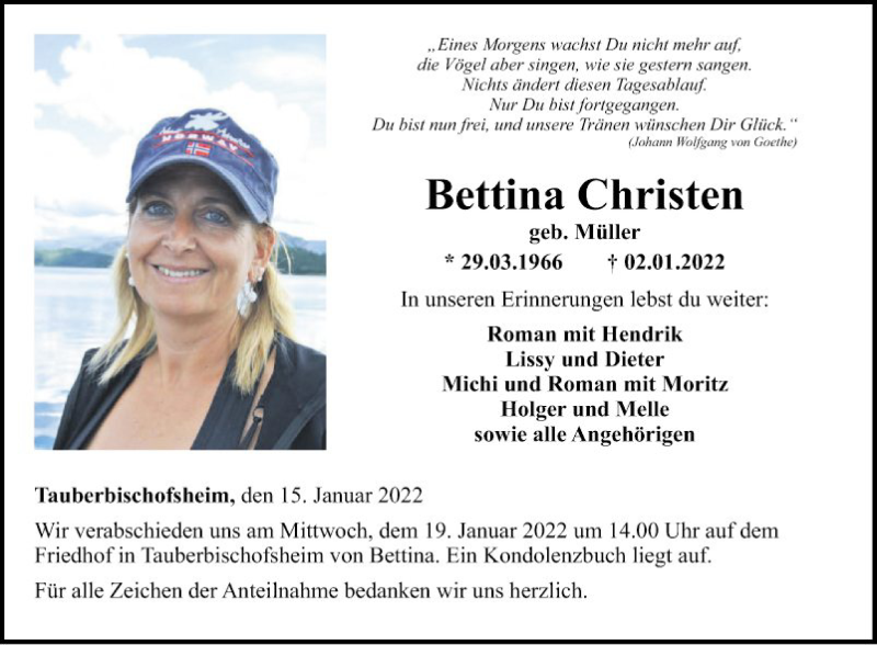  Traueranzeige für Bettina Christen vom 15.01.2022 aus Fränkische Nachrichten