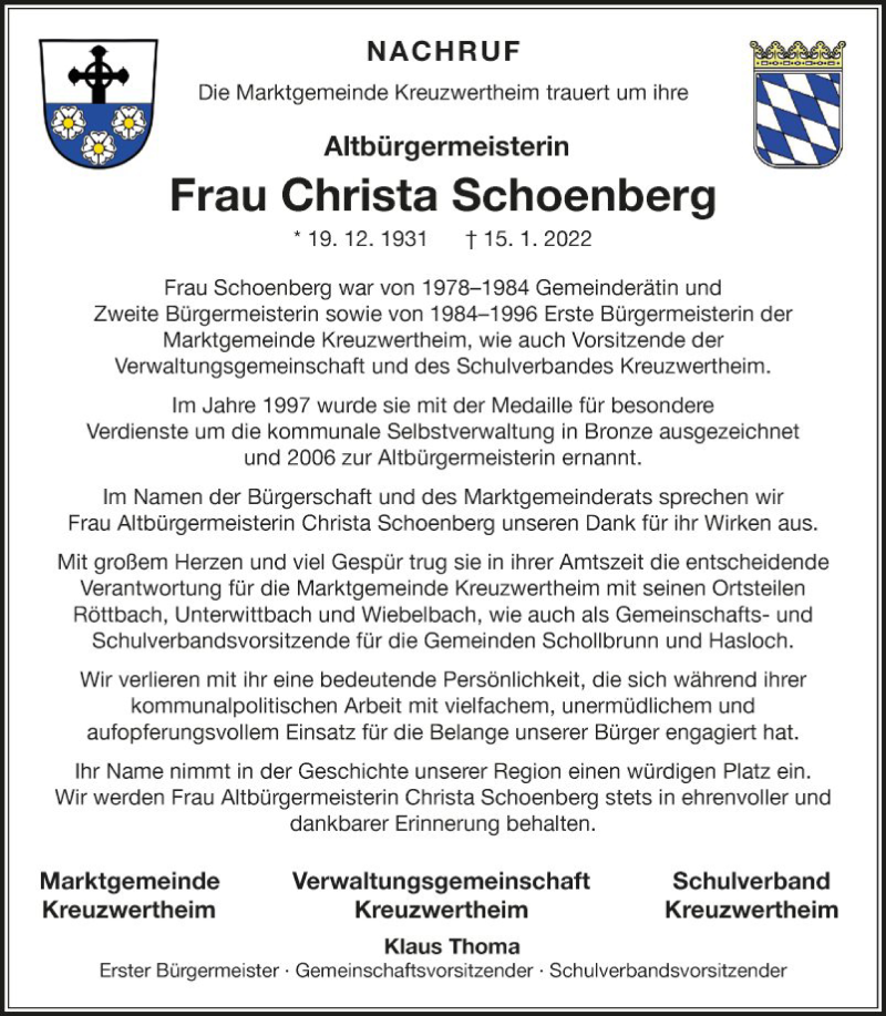  Traueranzeige für Christa Schoenberg vom 22.01.2022 aus Fränkische Nachrichten