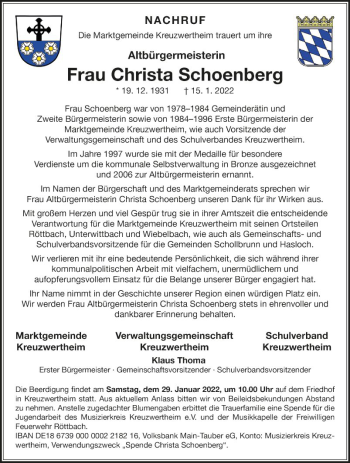 Traueranzeige von Christa Schoenberg von Fränkische Nachrichten
