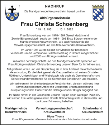 Traueranzeige von Christa Schoenberg von Fränkische Nachrichten