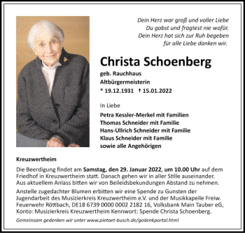 Traueranzeige von Christa Schoenberg von Fränkische Nachrichten