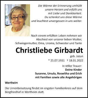 Traueranzeige von Christliebe Girbardt von Fränkische Nachrichten