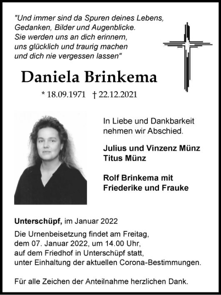  Traueranzeige für Daniela Brinkema vom 05.01.2022 aus Fränkische Nachrichten