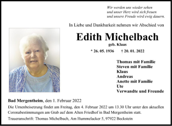 Traueranzeige von Edith Michelbach von Fränkische Nachrichten
