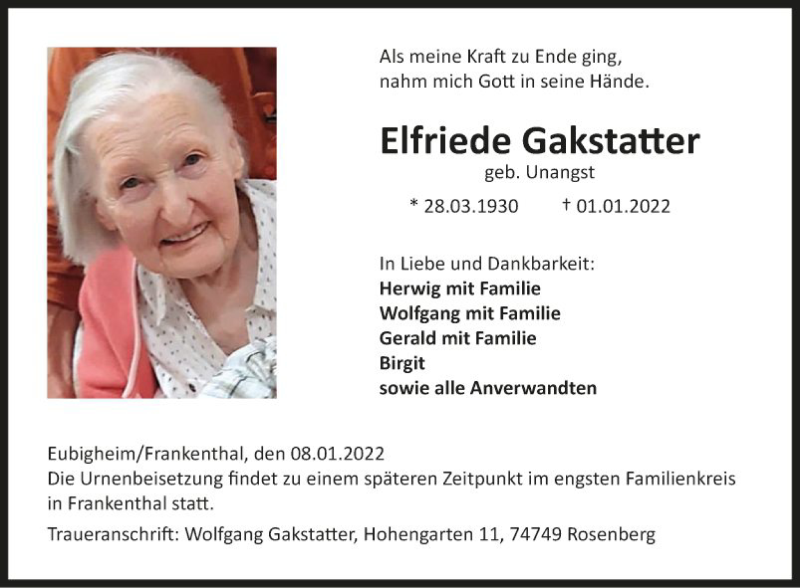  Traueranzeige für Elfriede Gakstatter vom 08.01.2022 aus Fränkische Nachrichten