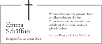 Traueranzeige von Emma Schäffner von Fränkische Nachrichten