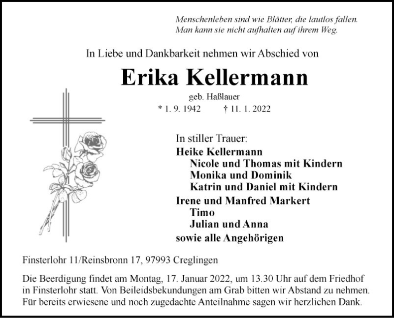  Traueranzeige für Erika Kellermann vom 14.01.2022 aus Fränkische Nachrichten