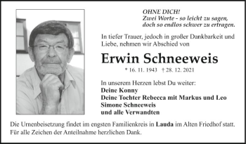Traueranzeige von Erwin Schnewels von Fränkische Nachrichten