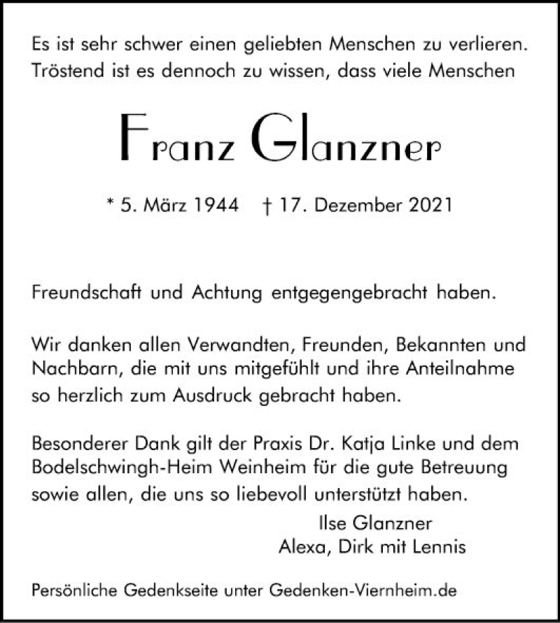  Traueranzeige für Franz Glanzner vom 29.01.2022 aus Südhessen Morgen