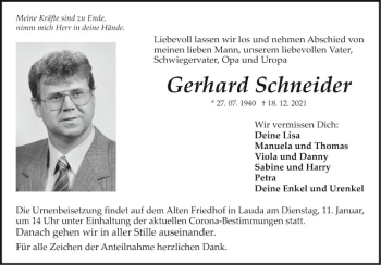 Traueranzeige von Gerhard Schneider von Fränkische Nachrichten