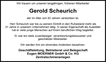 Traueranzeige von Gerold Scheurich von Fränkische Nachrichten