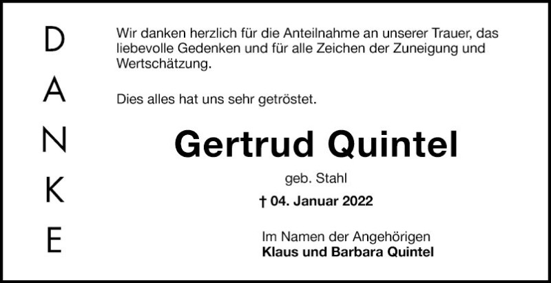  Traueranzeige für Gertrud Quintel vom 22.01.2022 aus Mannheimer Morgen